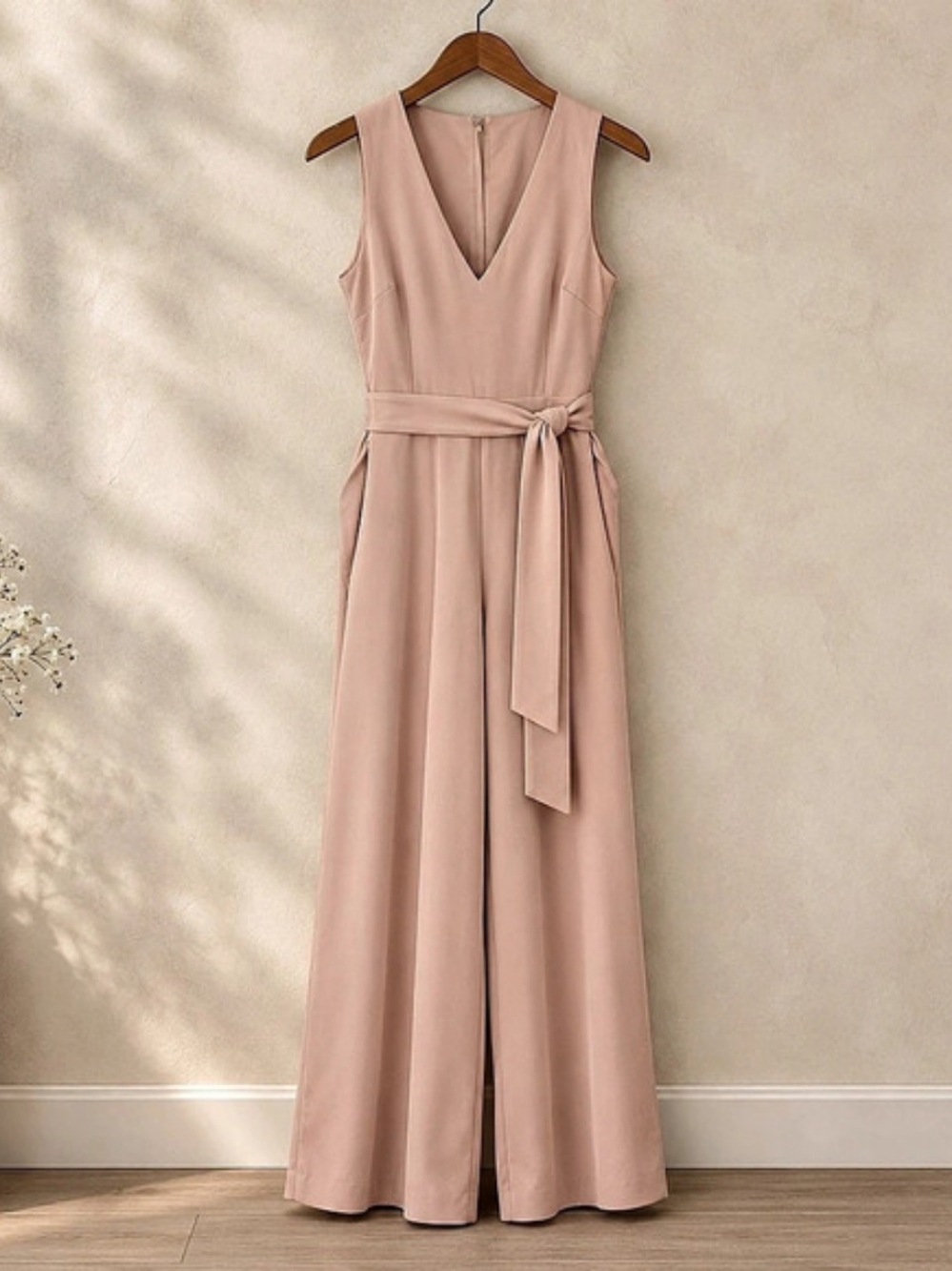 bebe Blush Pink Wide Leg Belted Jumpsuit Open Back Size 10